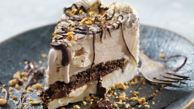 A slice of ice cream cake with nuts and chocolate drizzle