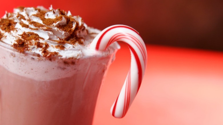 hot chocolate in a  reg mug garnished with a candy cane