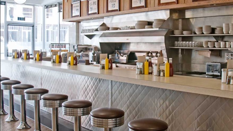 The counter inside the restored restaurant part of the Waffle House Museum.