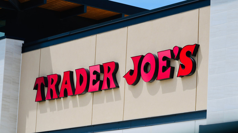 The Trader Joe's sign on the exterior of a Trader Joe's location