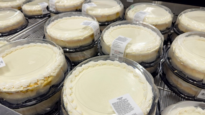 Multiple undecorated Costco cheesecakes