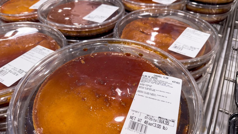 Multiple Costco caramel flans in display case