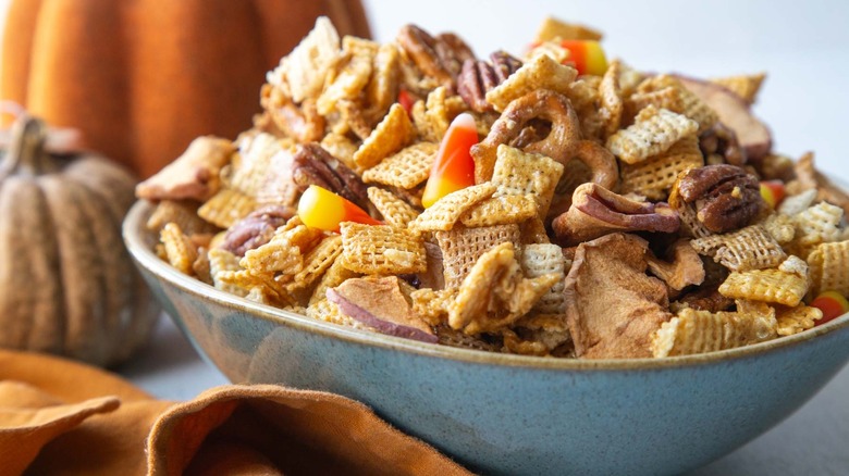 autumn chex mix in a blue bowl