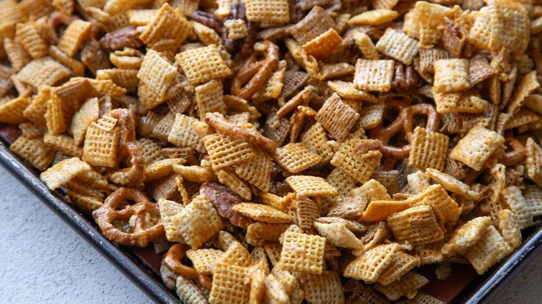 baked chex mix with pecans and pretzels