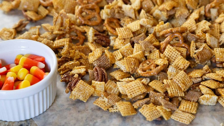 autumn chex mix on wax paper