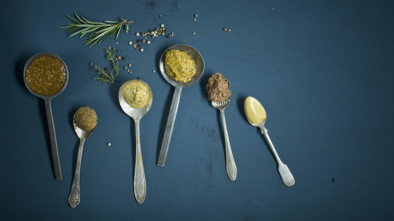 Spoonfuls of honey mustard ingredients lined up on a blue table