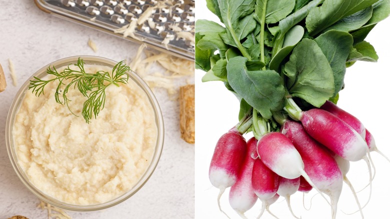 a bowl of grated horseradish and a bunch of radishes.