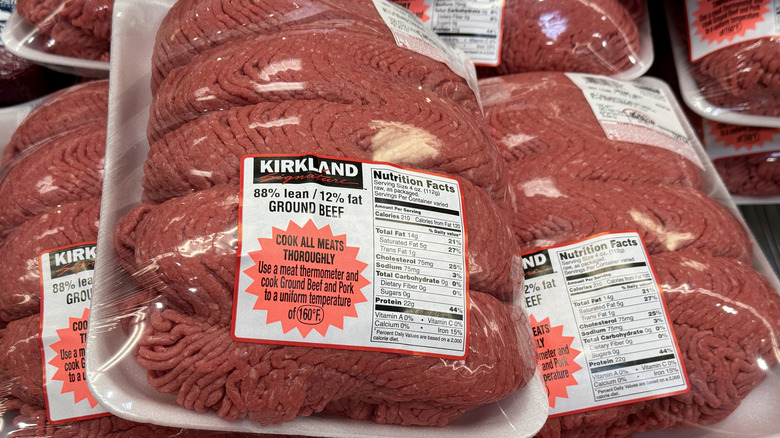 Packages of Kirkland brand ground beef at a Costco