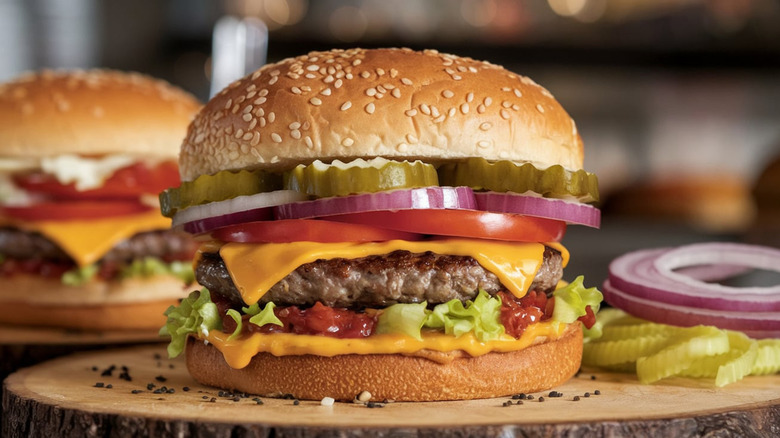 cheeseburger with pickles, onion, tomatoes on wooden board