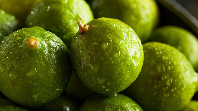 Close-up of key limes with beads of moisture on their skins