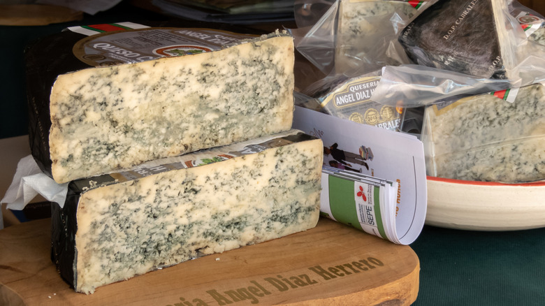 two stacked halves of a wheel of blue cheese