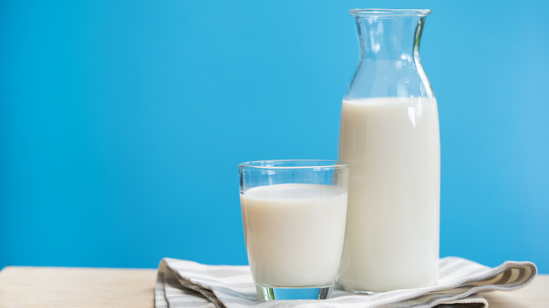 Milk jug and glass of milk on a kitchen towel on a light blue background.