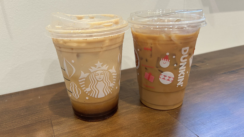 Dunkin' and Starbucks shaken espresso drinks stand side by side