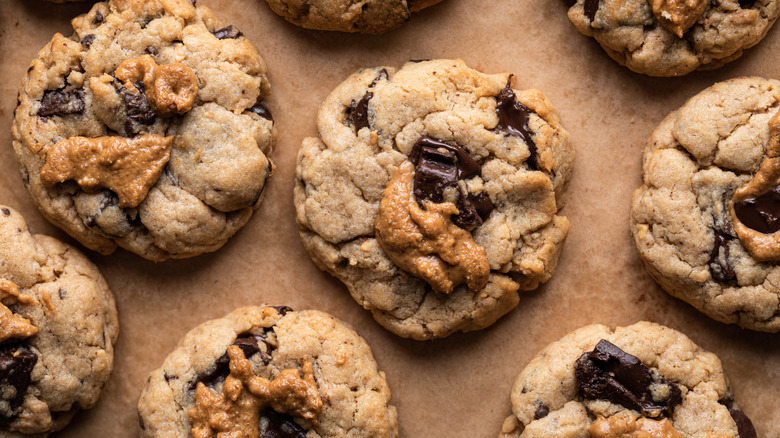 Chocolate chip cookies on a cookie sheet