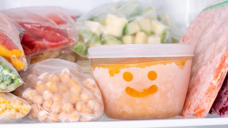 Frozen food in clear bags and containers