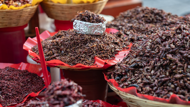 Large bowls of chapulines (grasshoppers) for sale at a market