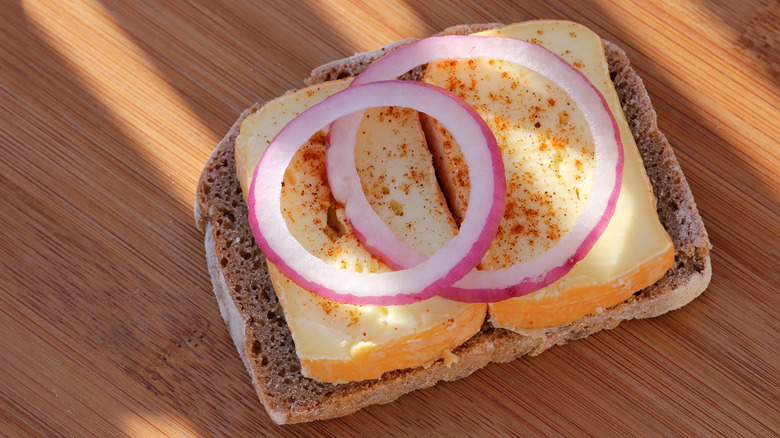 Close up of a piece of bread with Limburger cheese and onions