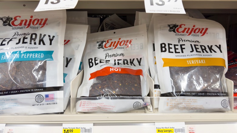 beef jerky bags on a grocery store shelf