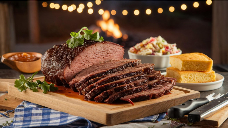 sliced smoked brisket garnished with parsley