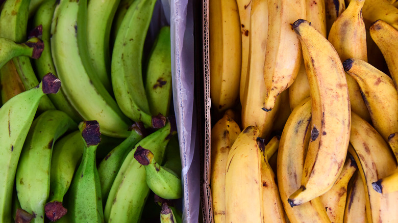 green and yellow plantains in box