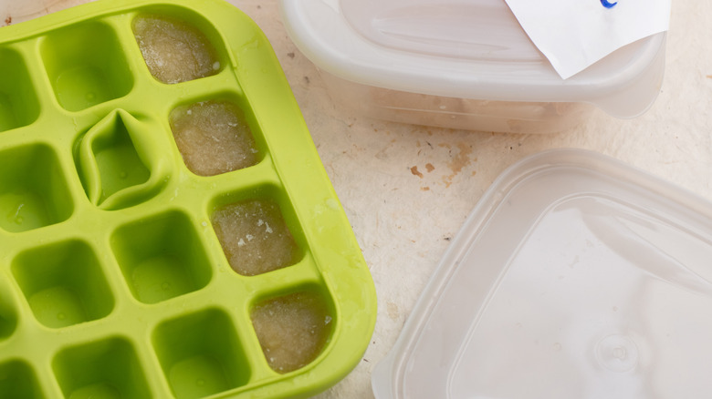 frozen broth cubes in a tray