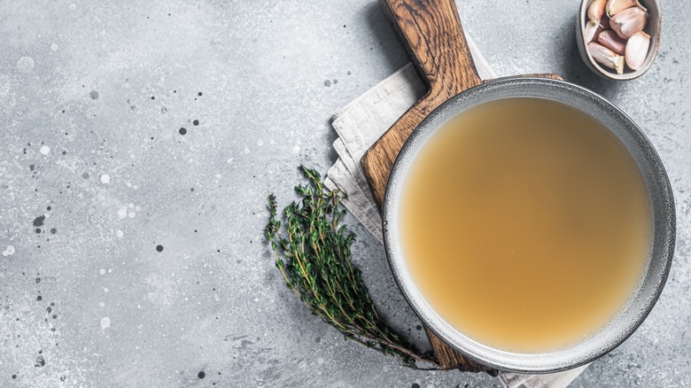 an aerial of broth in a bowl