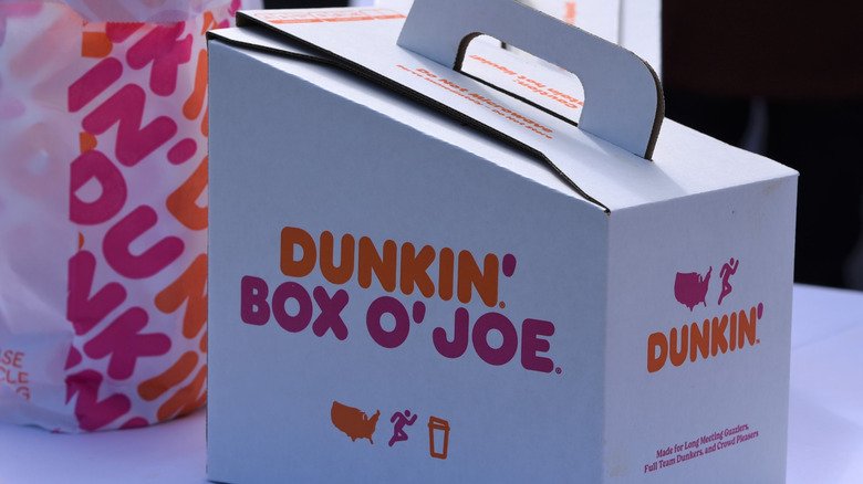 A Dunkin Box O' Joe and a Dunkin bag