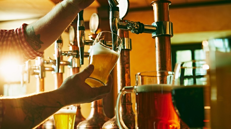 Bartender serves beer from a tap