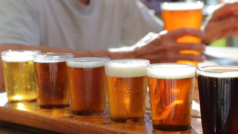 A flight of beers atop a bar countertop