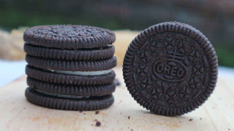 Oreo cookies on a wooden surface