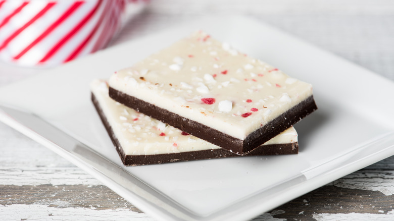 Peppermint bark on white plate