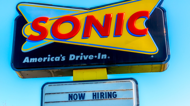 zoomed in view of Sonic drive-in signage outside