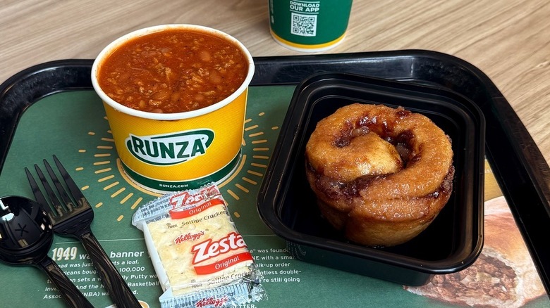 Runza restaurant chili and cinnamon roll on a tray with crackers