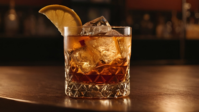 An old fashioned cocktail sitting on a wooden surface.