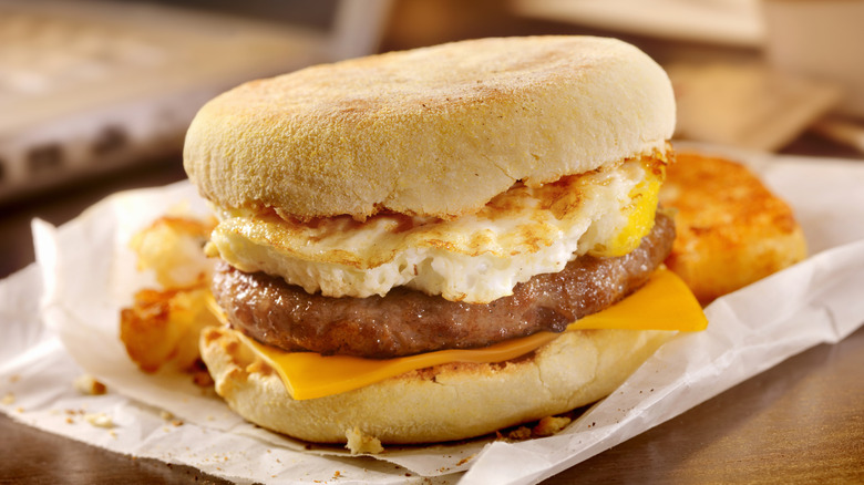 A breakfast sandwich on a table