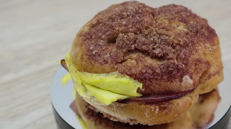 Close-up of Panera Bread's Ham Egg & Cheese Cinnamon Crunch Bagel