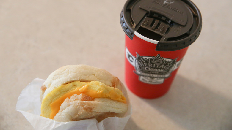 Tim Hortons egg and cheese sandwich with a coffee