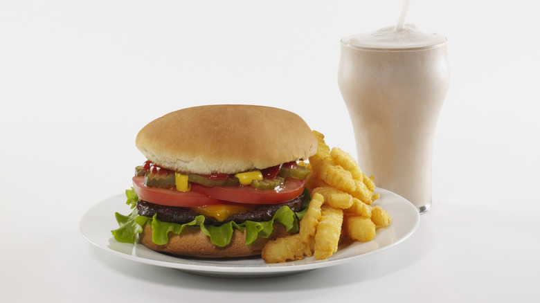 Cheeseburger, fries, and a shake