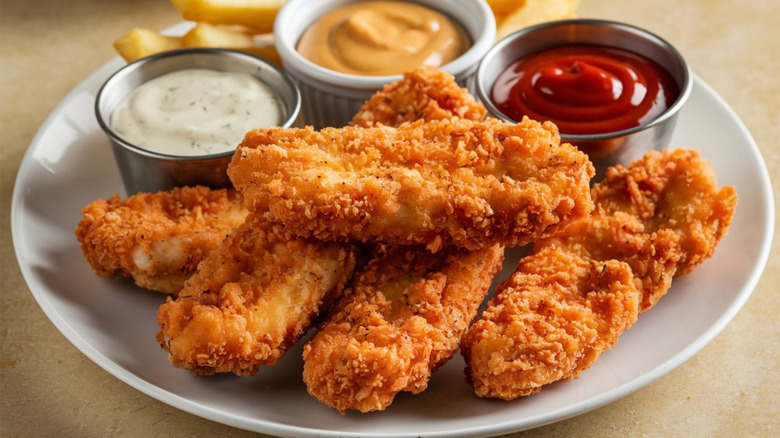 chicken tenders on a white plate with ranch dressing, ketchup, and honey mustard