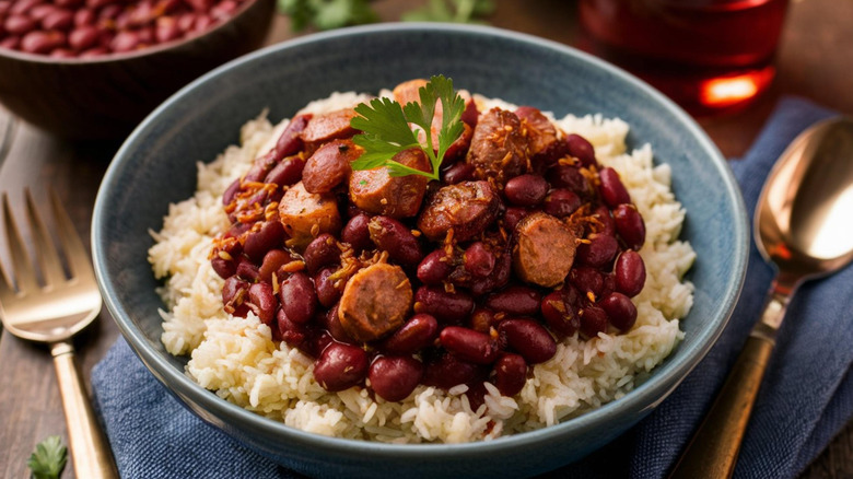 Blue ceramic bowl of red beans and rice, topped with sausage and parsley