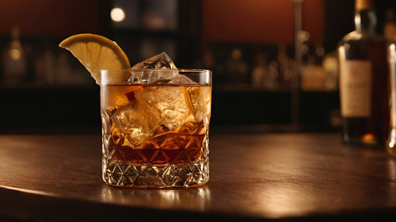 Cocktail in a rocks glass served with ice cubes.