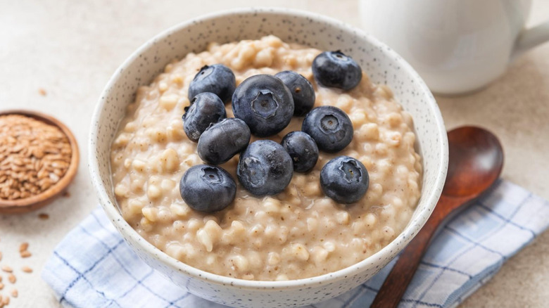 Bowl of oatmeal with blueberries on top