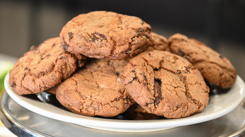 A plate of chocolate chip cookies