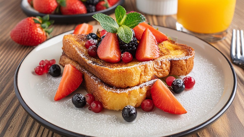 plate of fresh crispy and fluffy french toast slices stacked with berries and paired with glass of orange juice