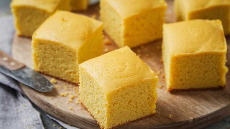 cornbread squares on a wooden board