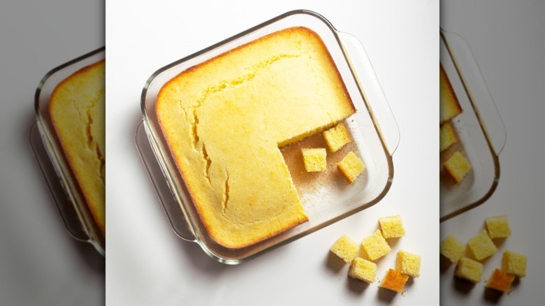 cornbread in a glass baking dish