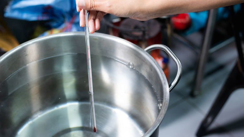 A hand holding a candy thermometer in a pot of water