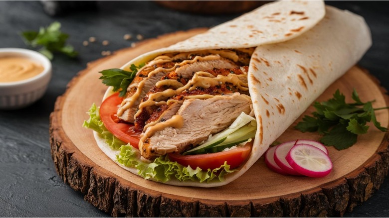 chicken shawarma in wrap with tomatoes and lettuce