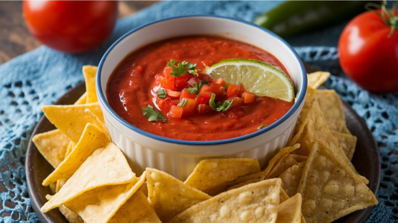 Bowl of red salsa surrounded by tortilla chips