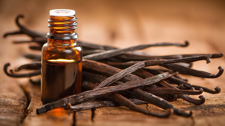 A bottle of vanilla extract next to vanilla beans